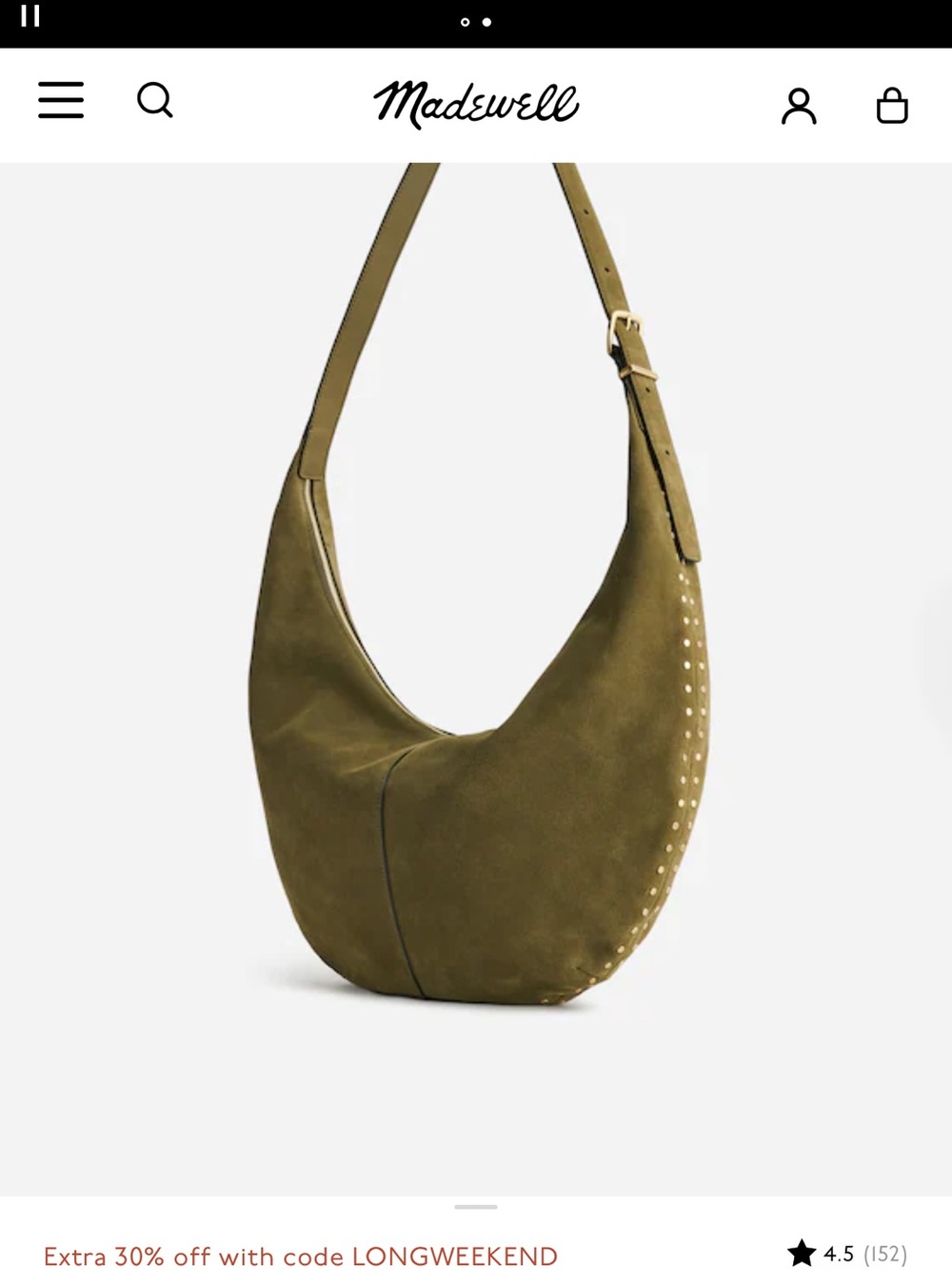 Madewell Olive Suede Crescent Crossbody with Stud Accents